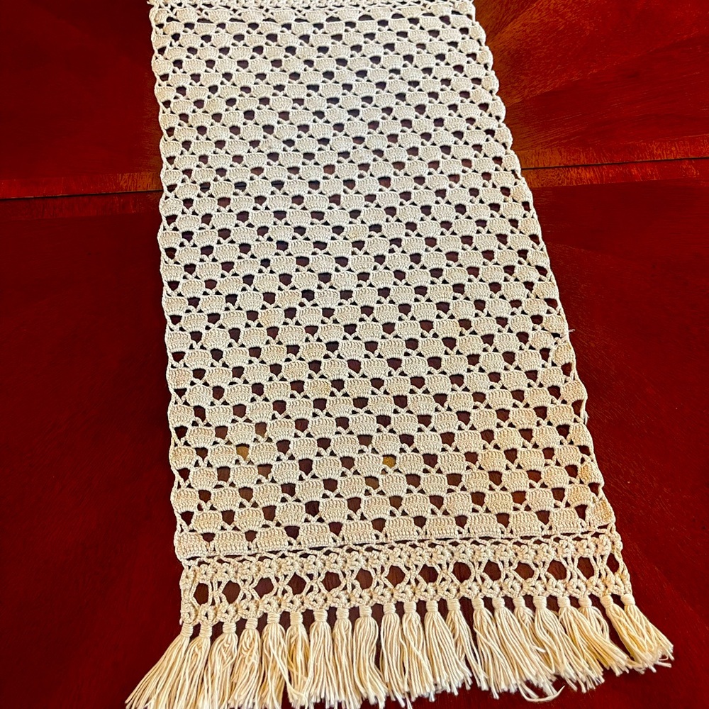 Crochet Table Runner with Fringe handmade by mom. Vintage.